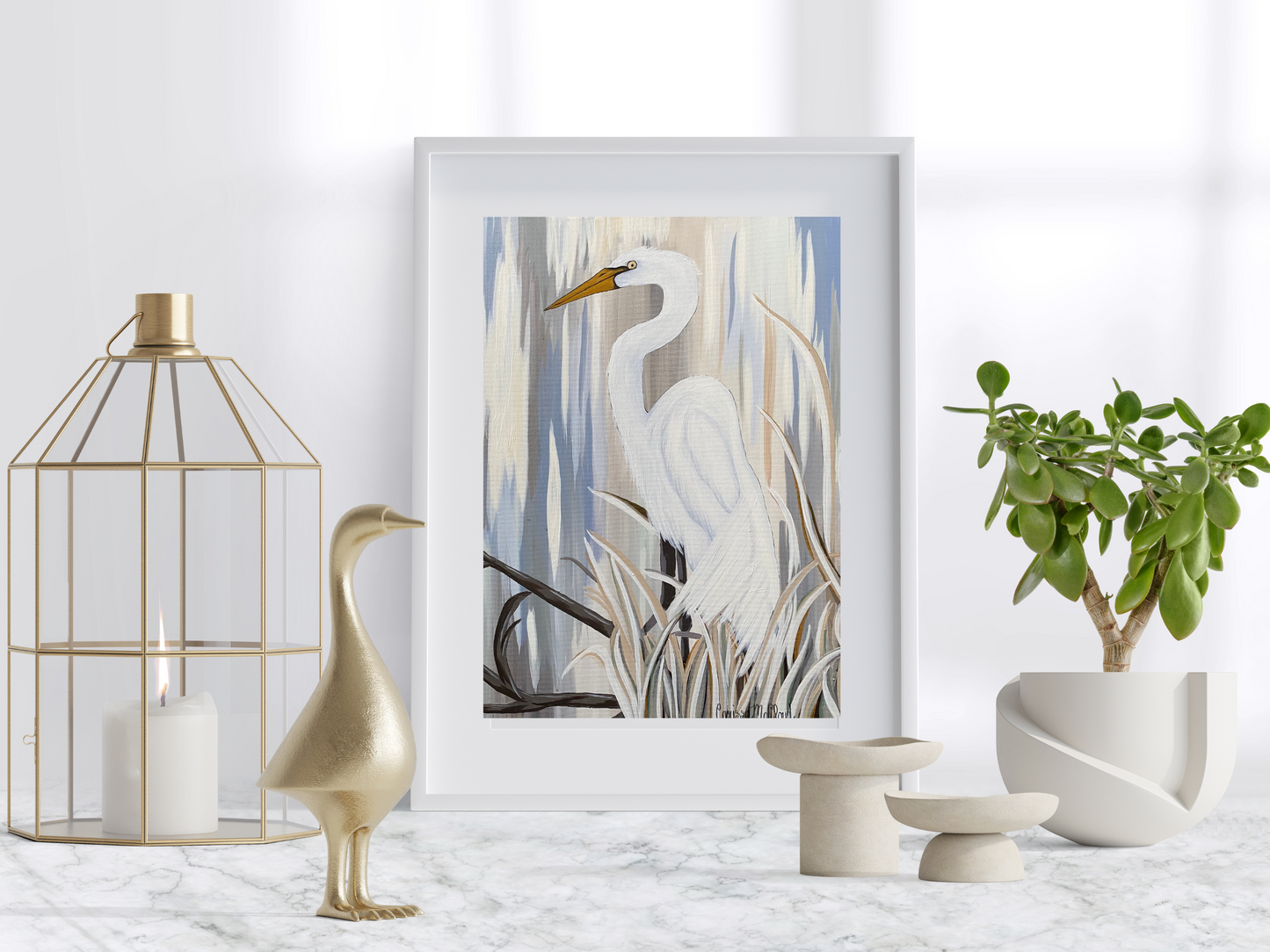 The Peaceful Egret  Originals Print with Hand Painted Embellishments